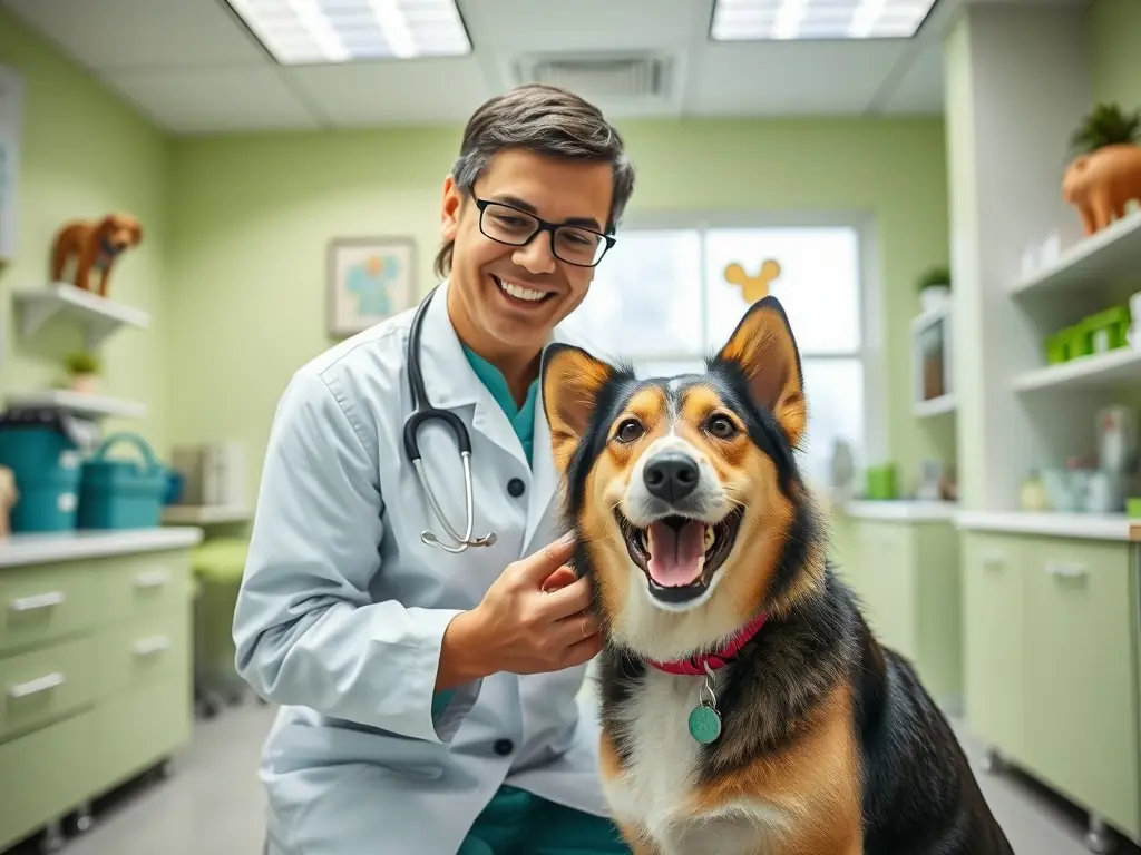 A modern veterinary clinic reception area with a smiling receptionist and a happy pet owner holding a dog.