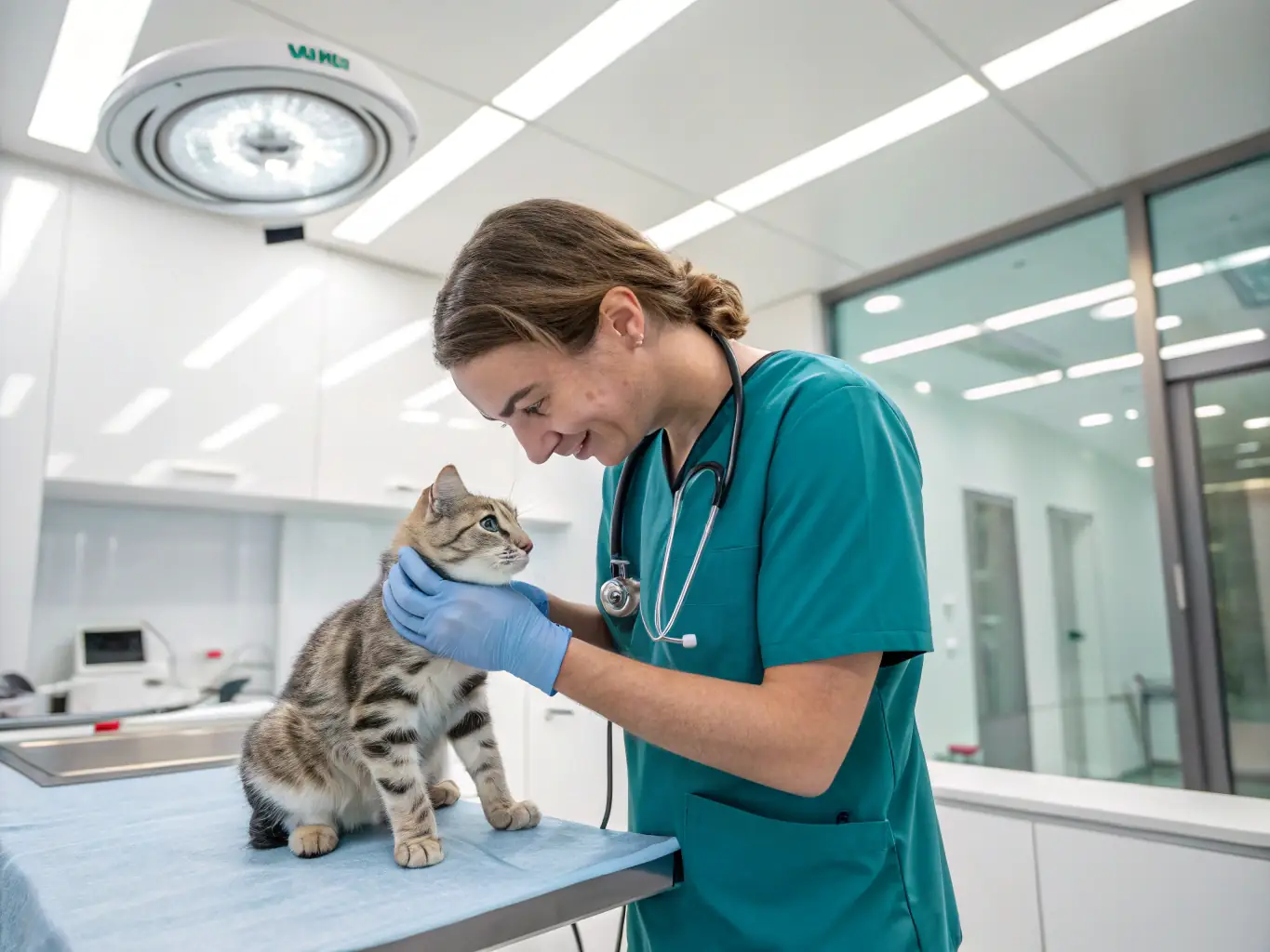 A small animal veterinary clinic with state-of-the-art equipment and a veterinarian examining a cat.