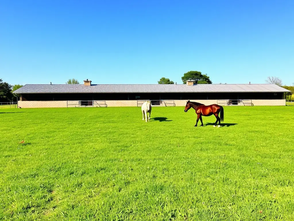 A rural veterinary practice with horses grazing in the background, showcasing a serene and spacious environment.